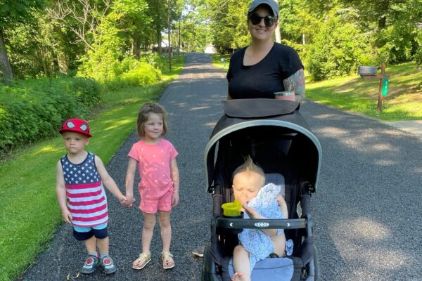 sara and kids on road